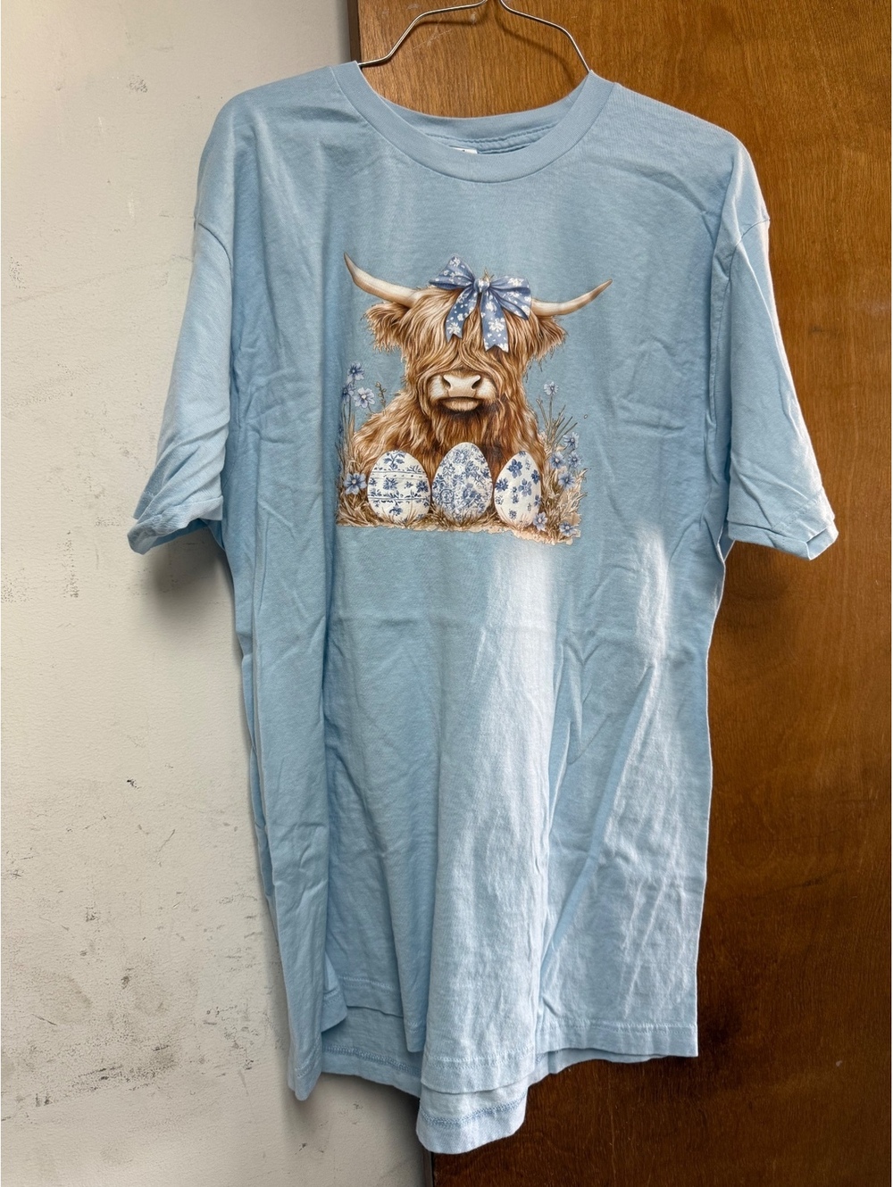 Tultex XL Light Blue T-Shirt with Highland Cow and Easter Eggs Graphic